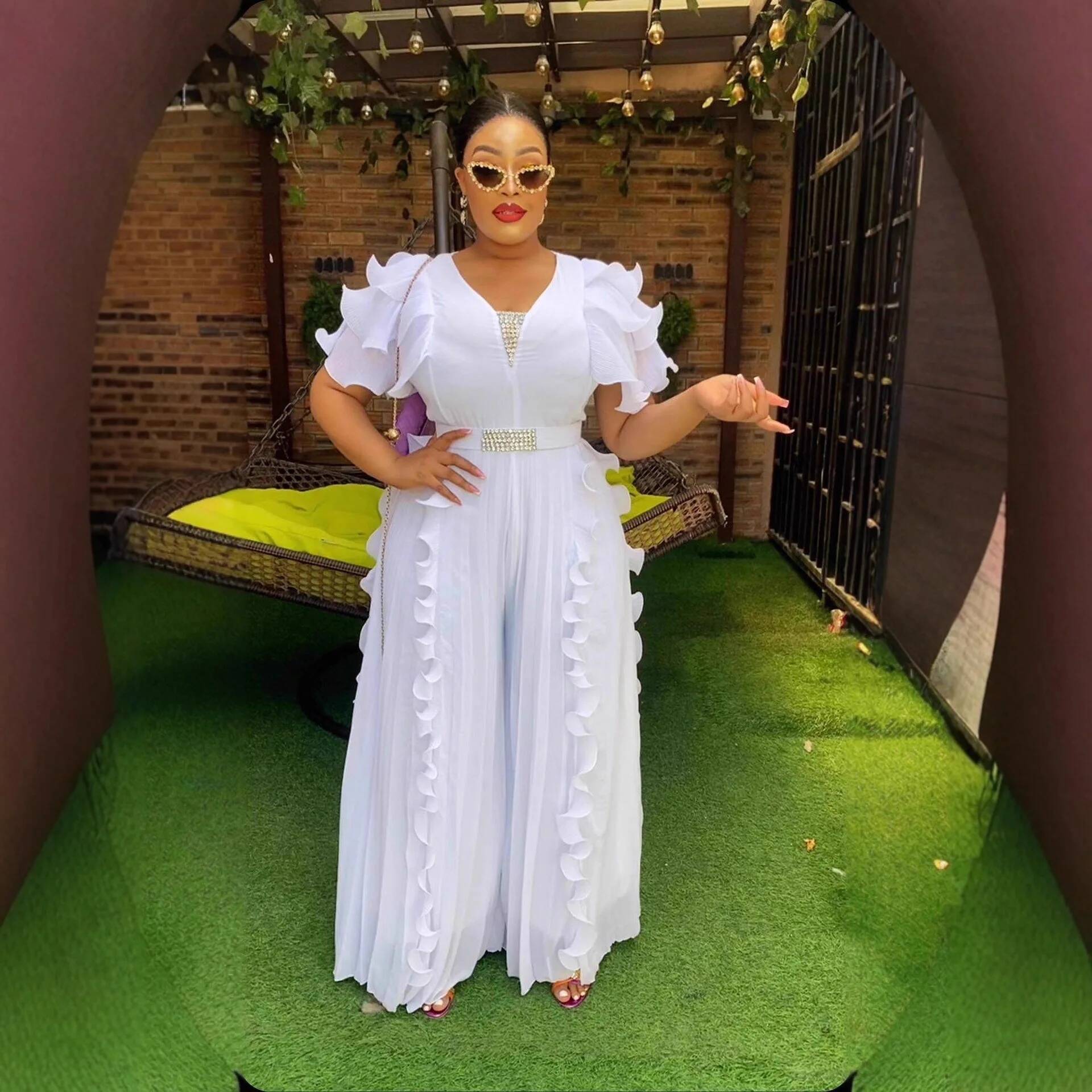 Home Office Makeover - Plus Size Women's V-neck Ruffle Jumpsuit