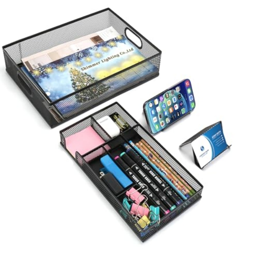 Desktop Organizer Bamboo - Black Metal Mesh Desk Drawer Organizers,