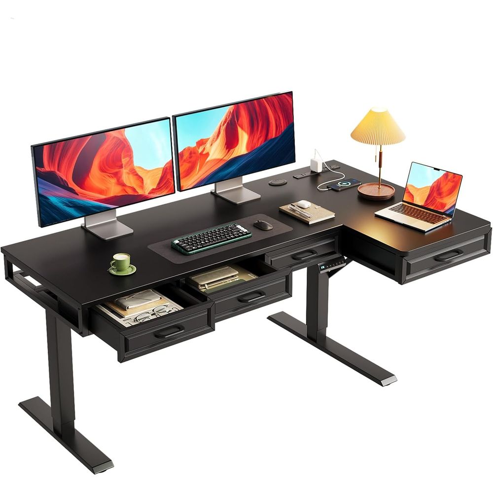 Home Office L Shaped Desk - 55 L-Shaped Electric Desk, Wooden Top,