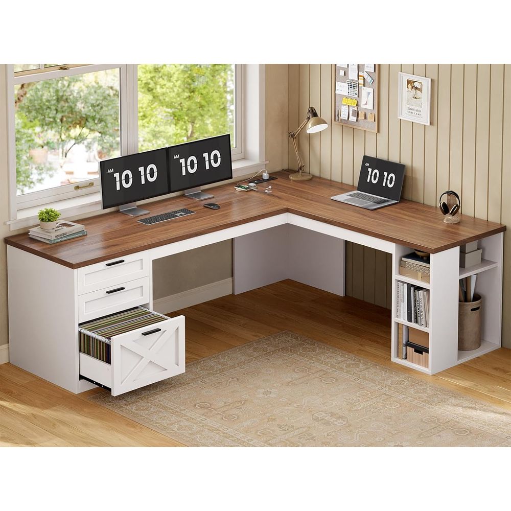 Home Office L Shaped Desk - 67 L-Shaped Desk with 3 Drawers,