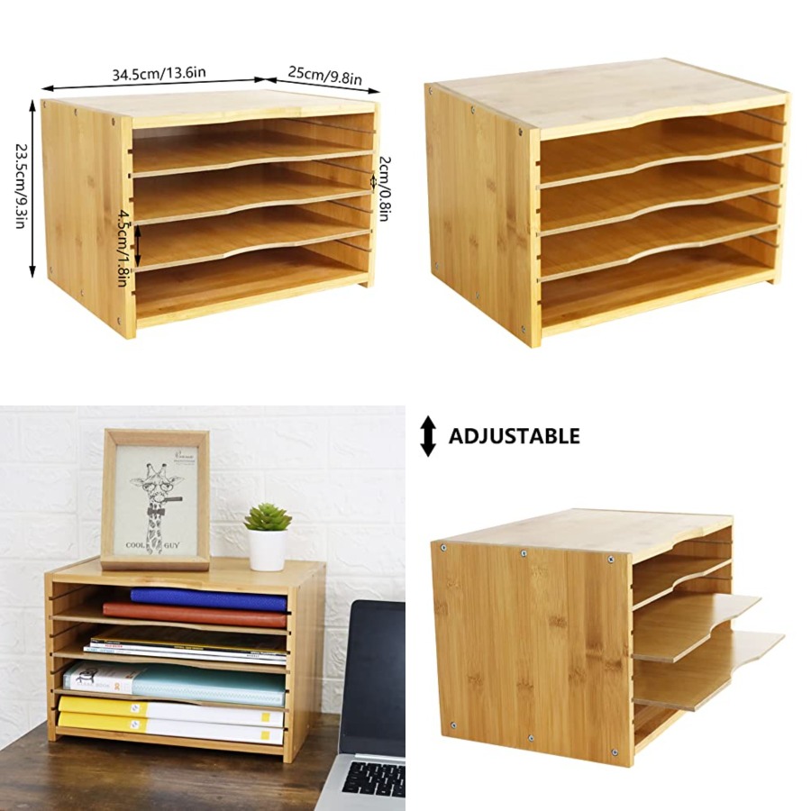 Desktop Organizer Bamboo - File Organizer with 3 Adjustable Shelves