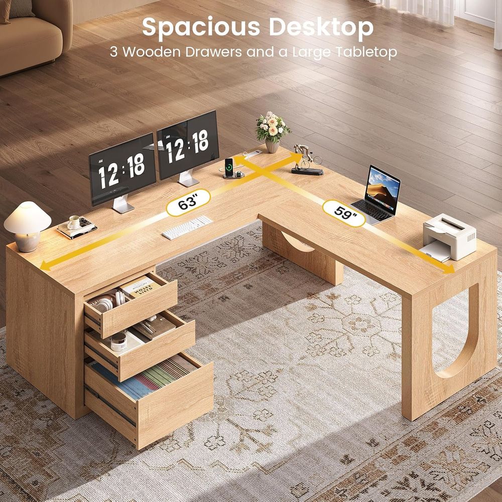 L-Shaped Desk with 3 Drawers,  – обзор и цена Home Office L Shaped Desk
